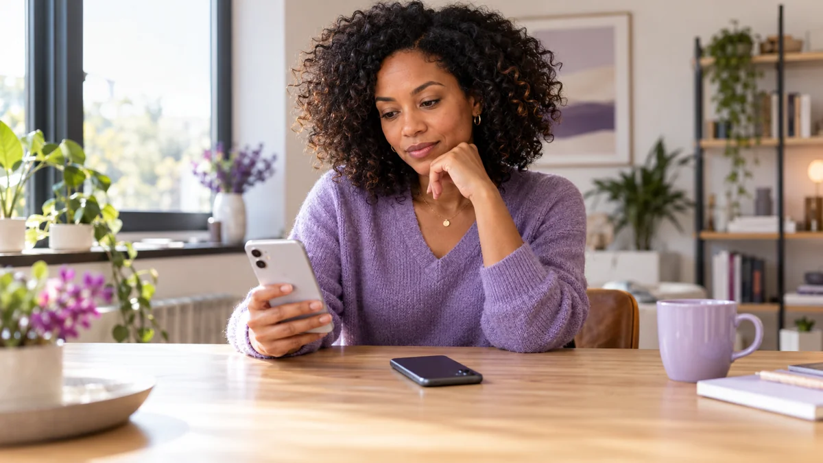 Frau vergleicht zwei Smartphones am Schreibtisch