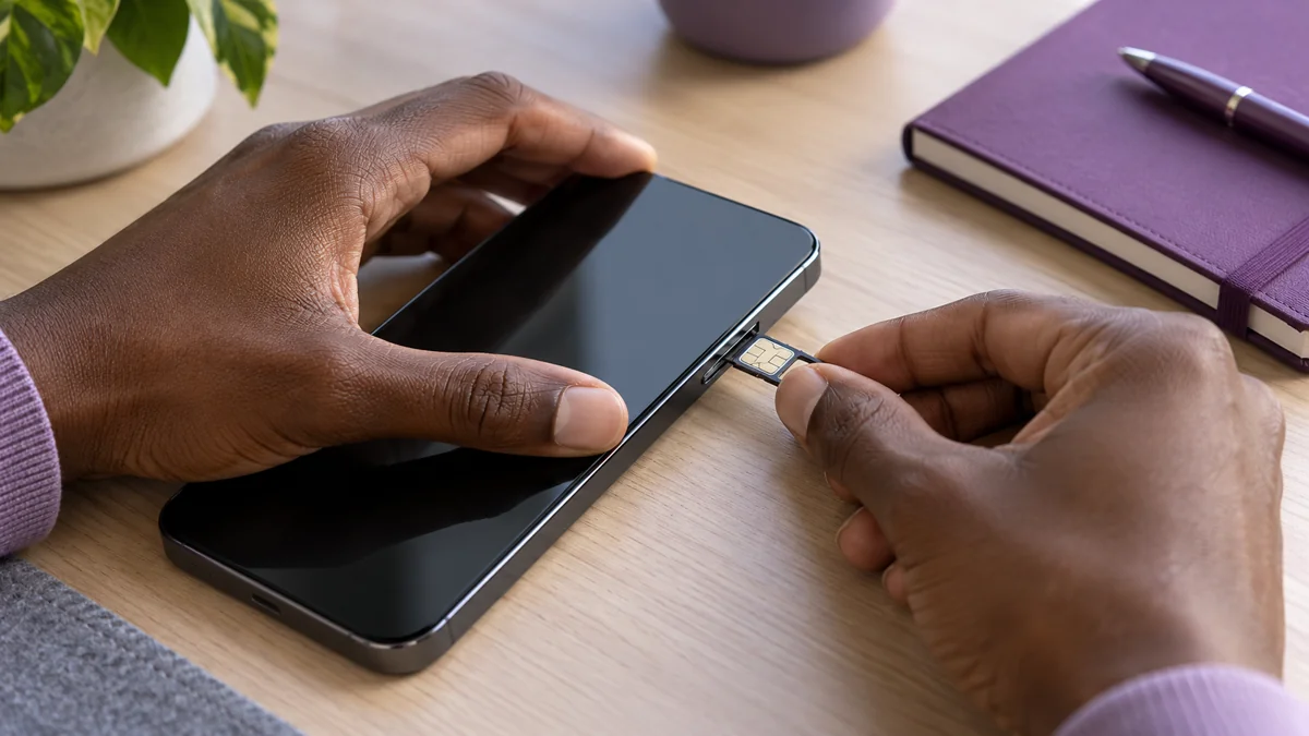 Nahaufnahme eines SIM-Kartenwechsels an einem Smartphone