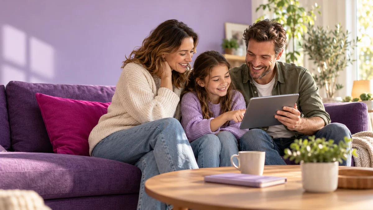 Familie sieht gemeinsam auf ein Tablet im Wohnzimmer