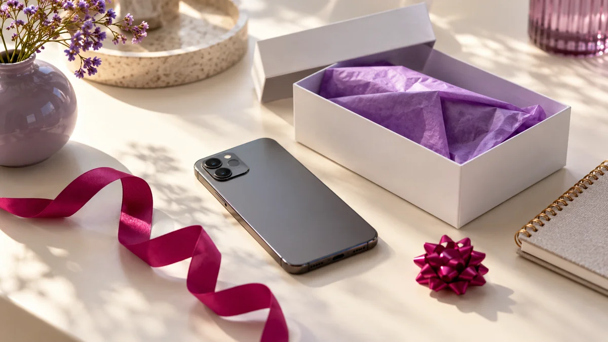 Smartphone, neutrale Verpackung und Geschenkband als Aktionsmotiv