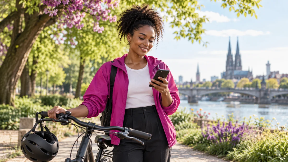 Frau mit Fahrrad und Smartphone im Stadtpark