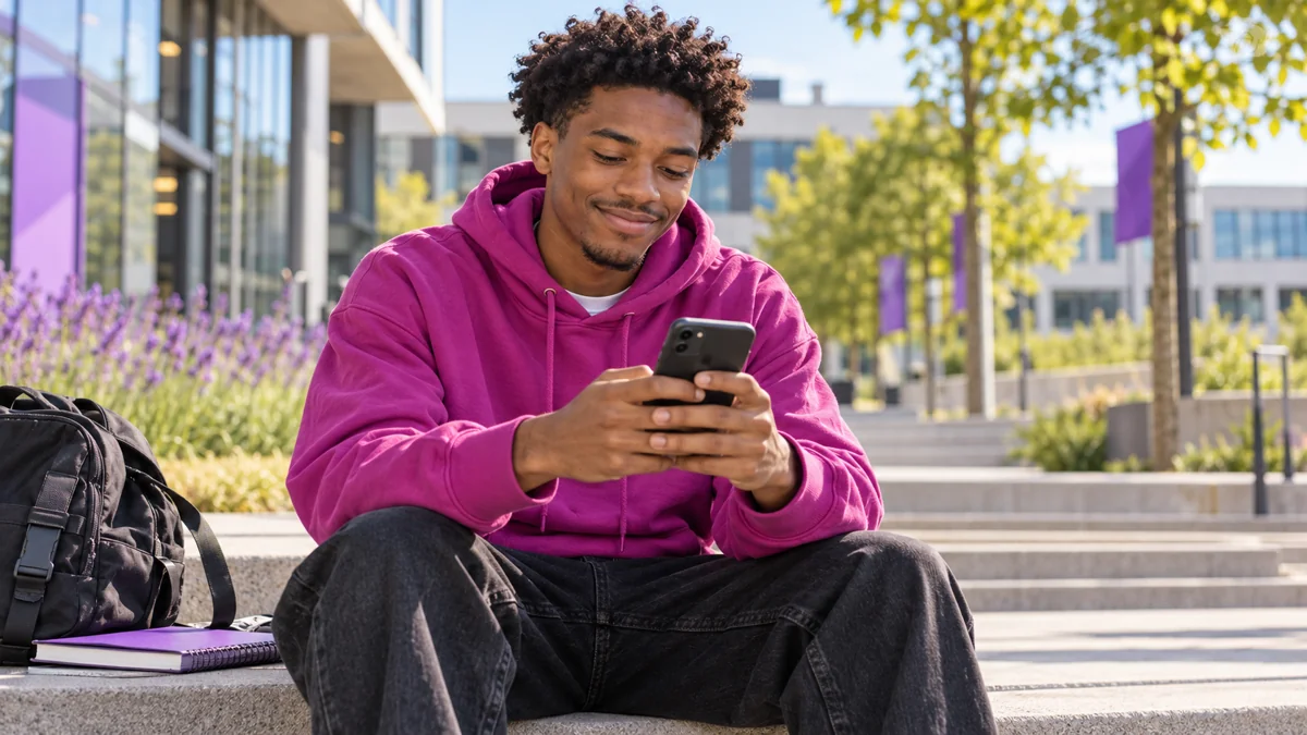 Student mit Smartphone und Notizbuch auf dem Campus