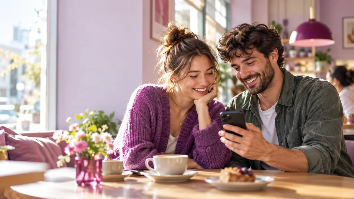 Zwei Erwachsene sehen gemeinsam auf ein Smartphone im Café