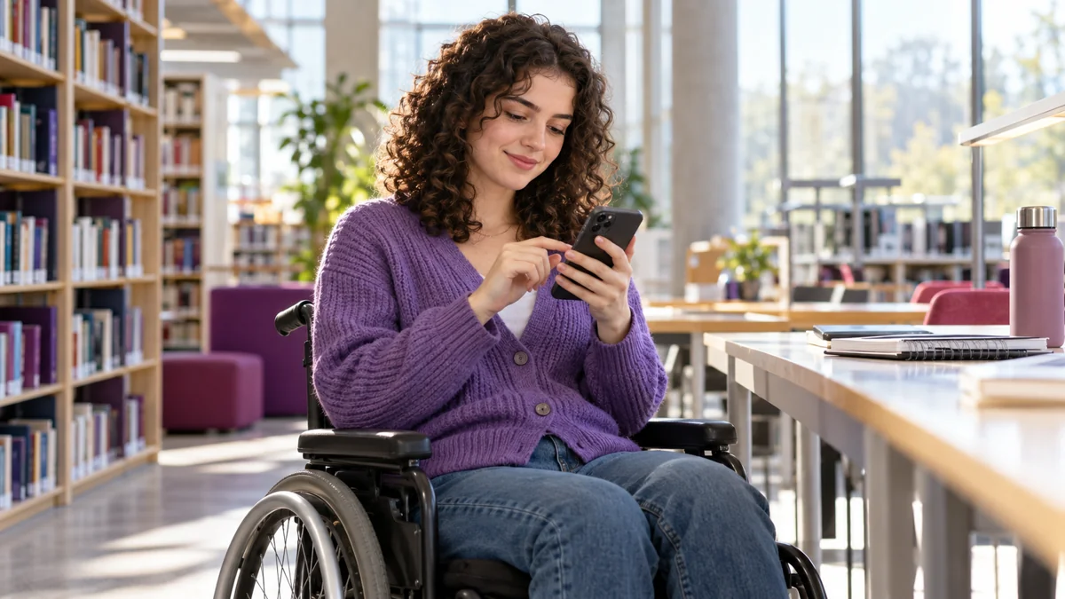 Studentin im Rollstuhl nutzt ein Smartphone in einer Bibliothek