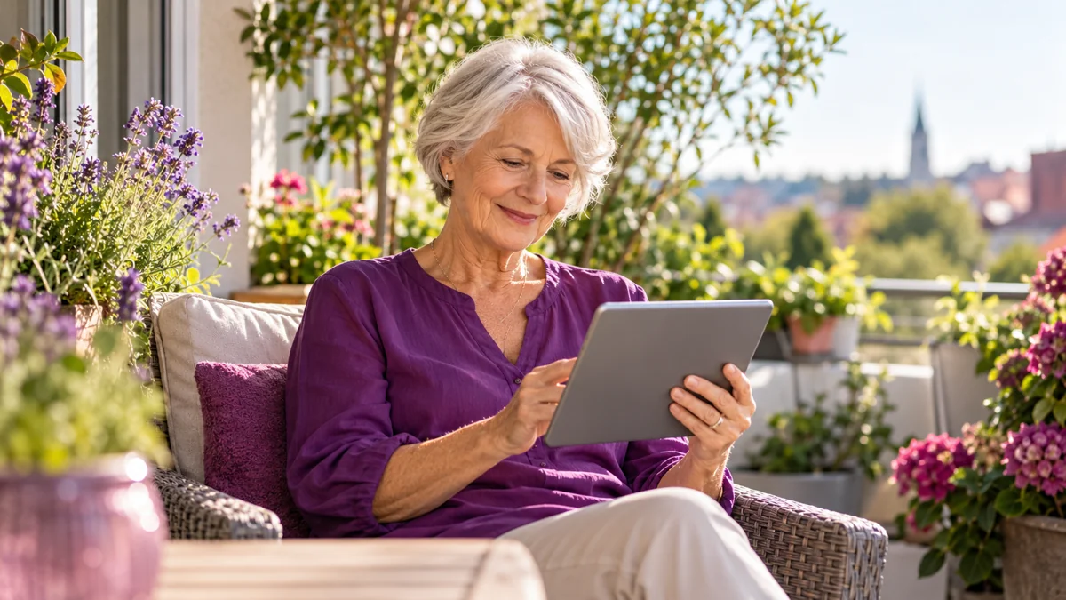 Ältere Frau mit Tablet auf einem sonnigen Balkon
