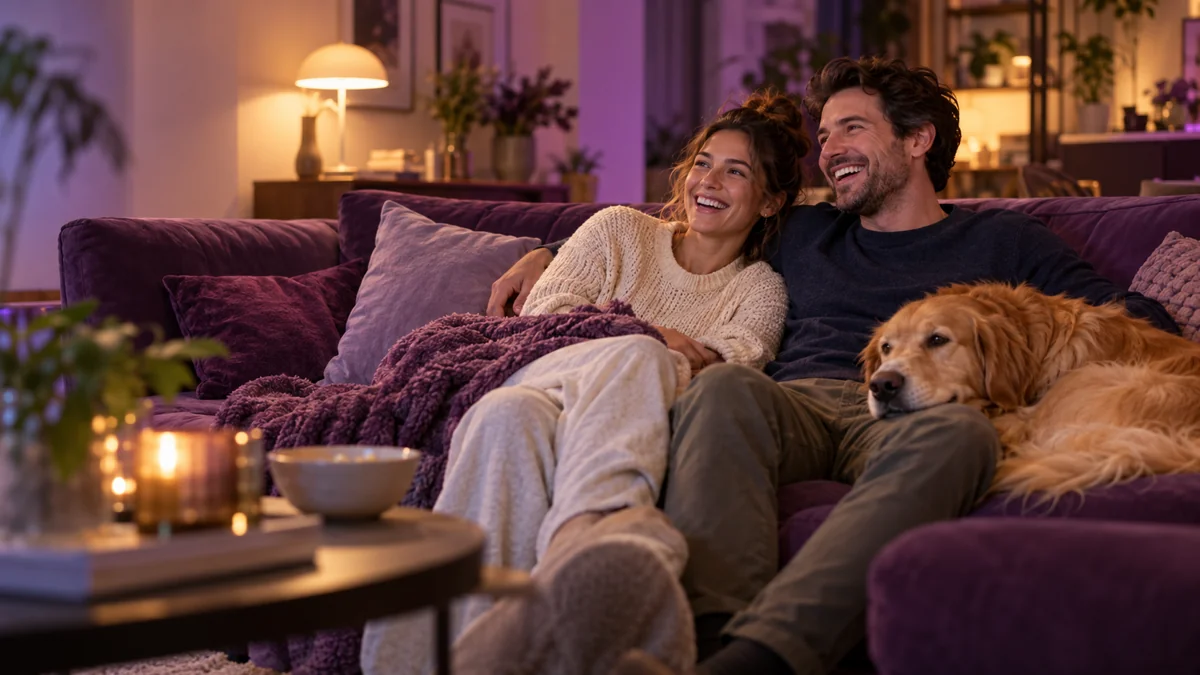 Paar mit Hund bei einem entspannten Fernsehabend